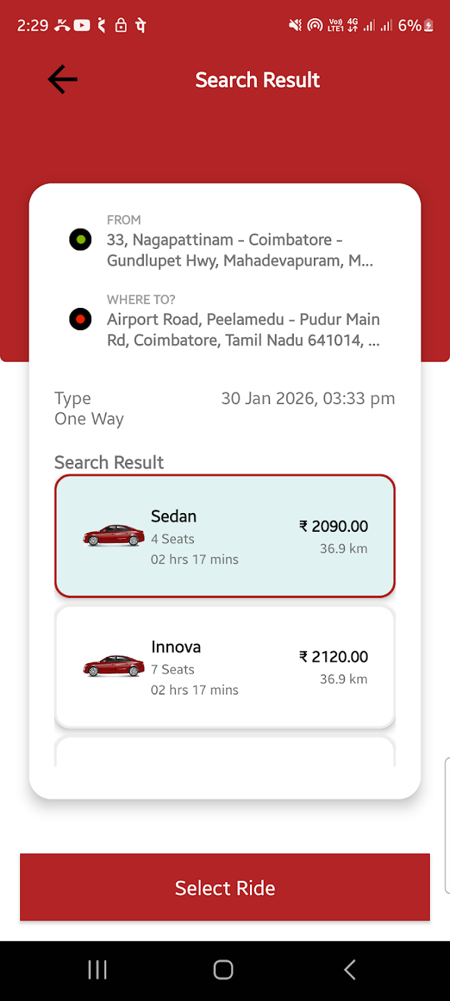 OnePayTaxi vehicle selection screen